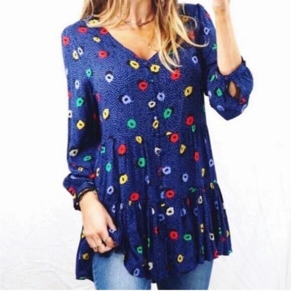 Anthropologie Tops - Maeve Anthropologie Button Down Front Colorful Blue Spotted Tunic Top Multicolor